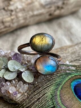 Handmade Boho Vintage Genuine Labradorite Dual Gem Adjustable Copper Wrap Ring